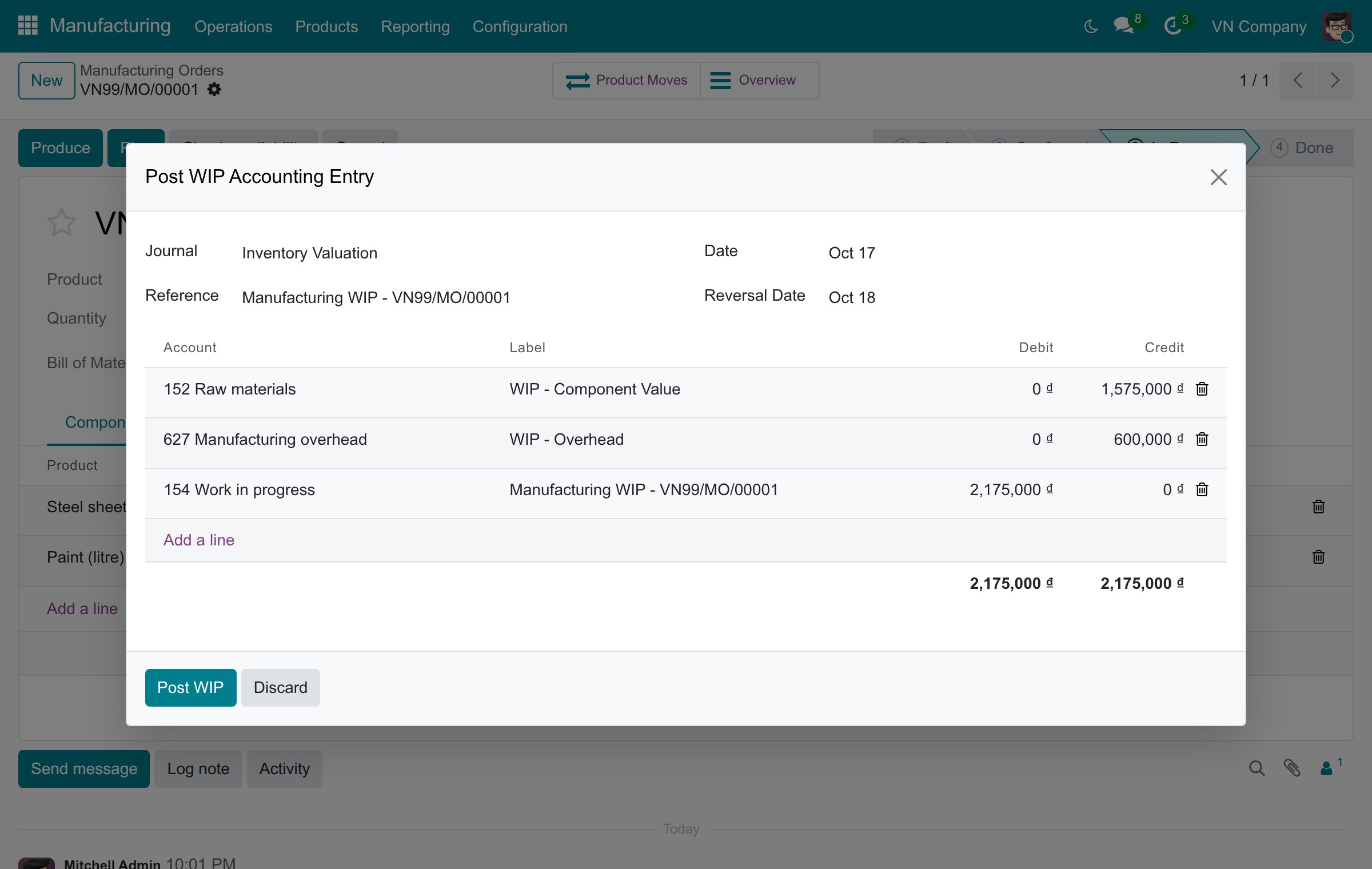 Post WIP Accounting Entry window of a TT99 company: credit 152 and 627, debit 154