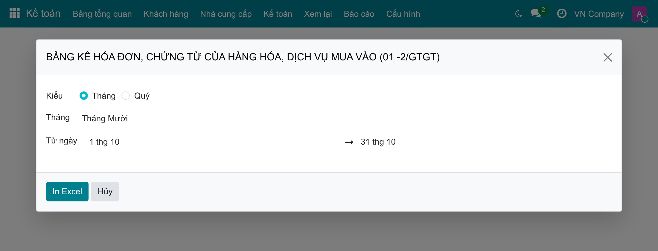 Cửa sổ in bảng kê mua vào 01-2/GTGT