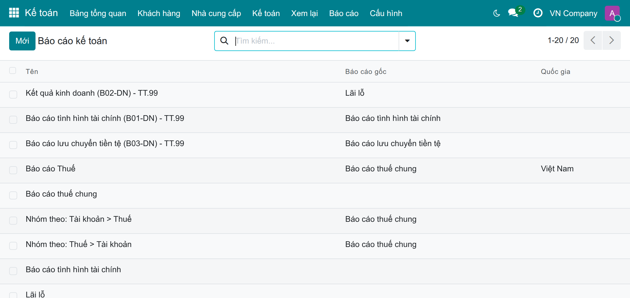 Chọn cấu hình báo cáo
