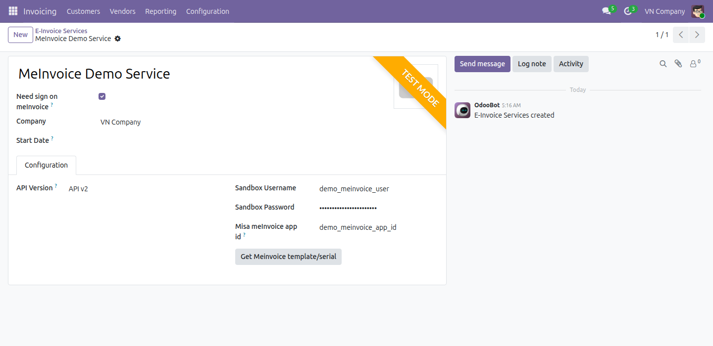 Misa meInvoice E-Invoice Service record with its meInvoice-specific fields