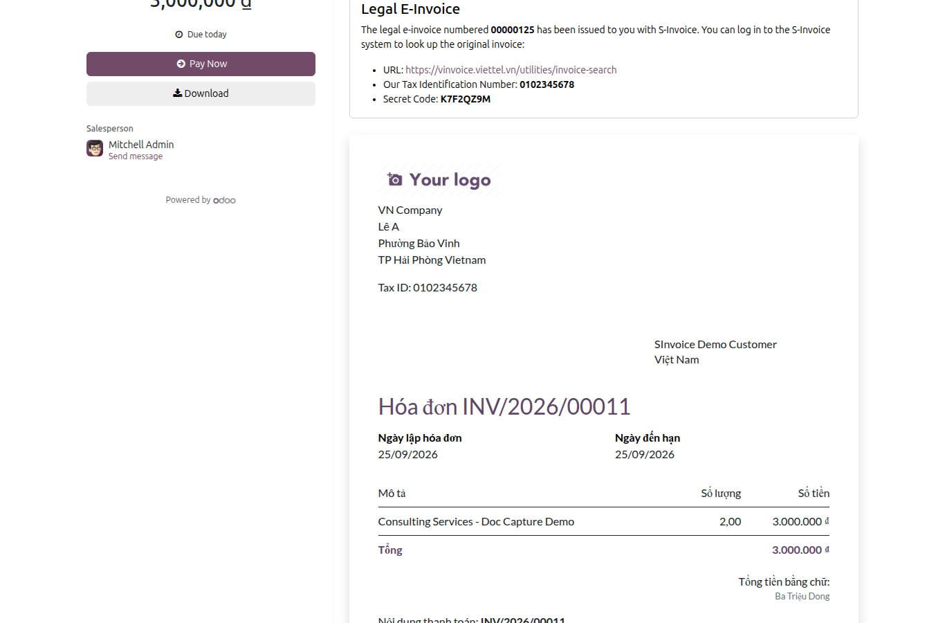 The Legal E-Invoice card on the customer portal invoice page