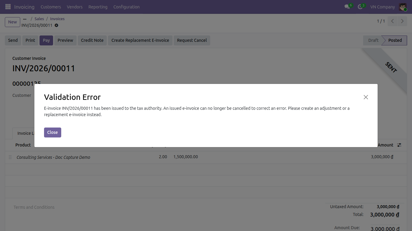 The Validation Error dialog raised by Request Cancel on an already-issued S-Invoice