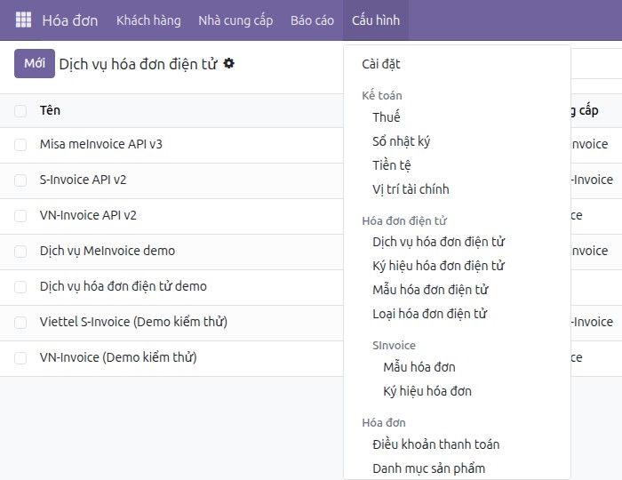 Menu Hóa đơn điện tử thống nhất