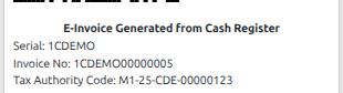 The E-Invoice Generated from Cash Register note with the serial and invoice number