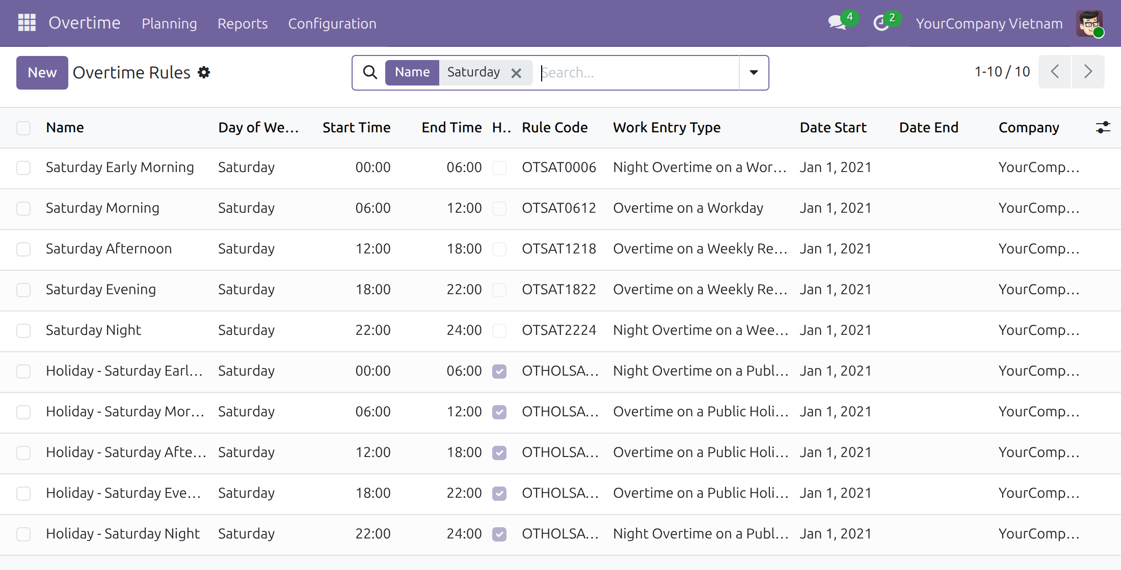 Rules that map each weekday and time band to a code
