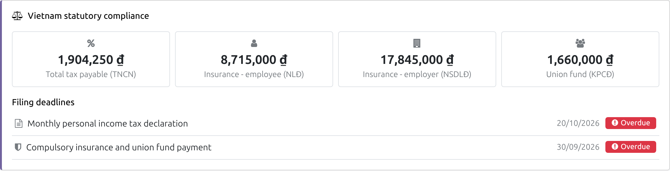Follow tax, insurance and union fund on the dashboard