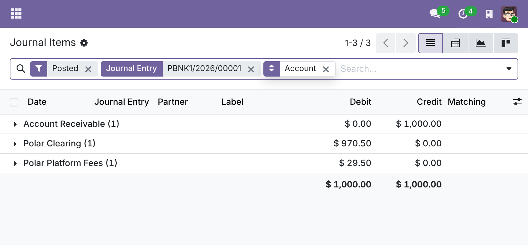 One Polar payment in Odoo: net amount to the clearing account, platform fee to its own expense account