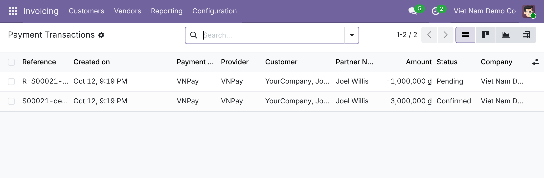 Payment Transactions list