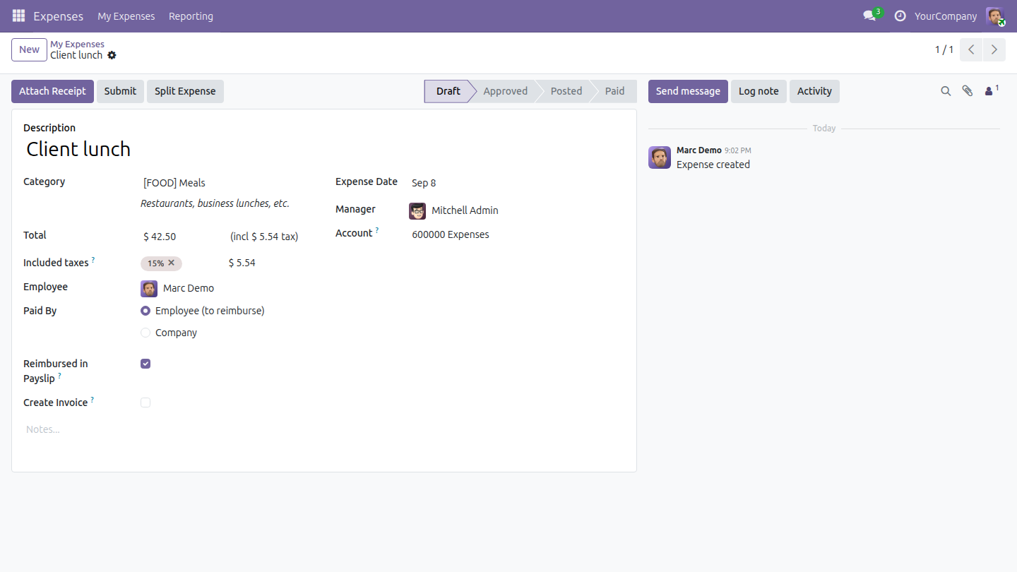 An expense paid by the employee with the option Reimbursed in Payslip ticked