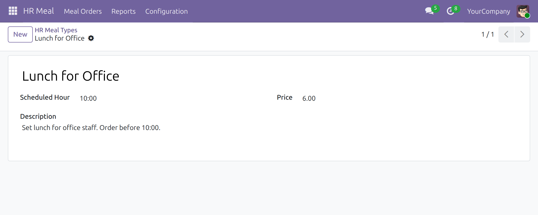 A meal type with its hour and price