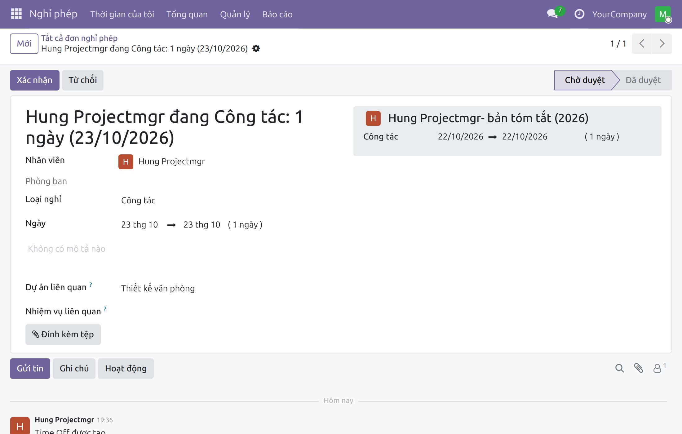 Đơn nghỉ phép chờ duyệt