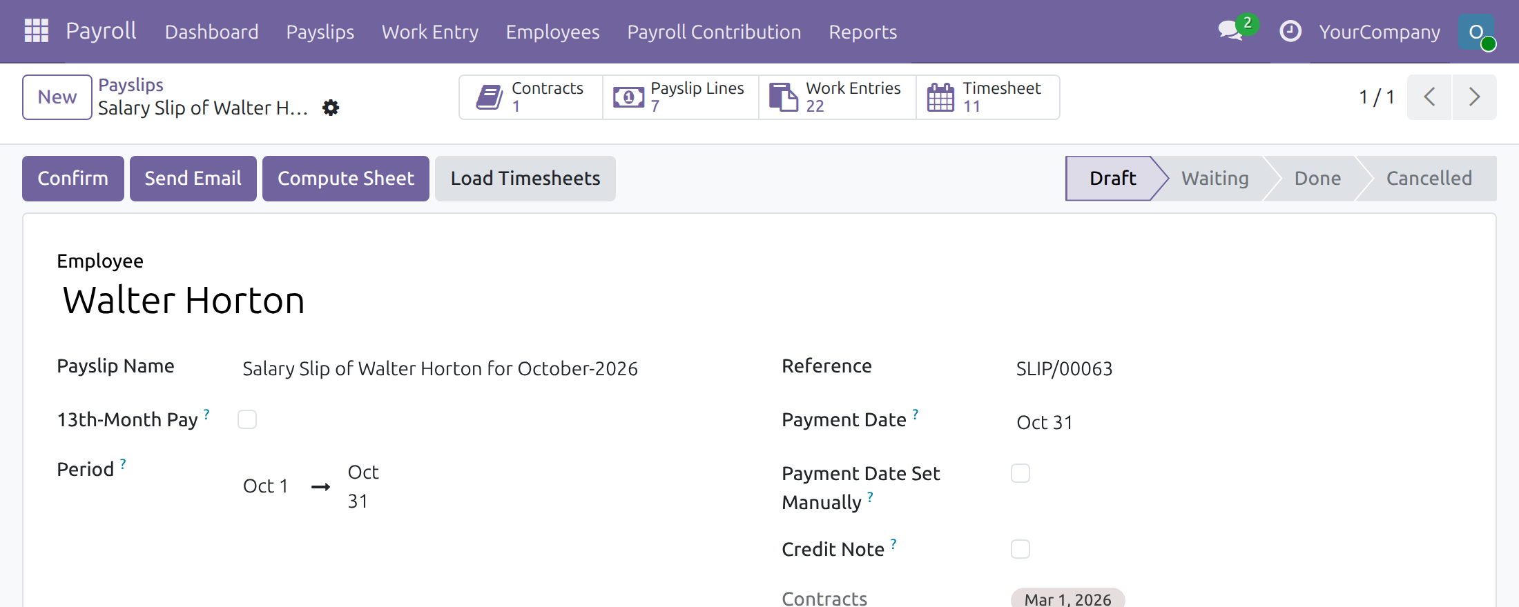 Draft payslip with the Load Timesheets button