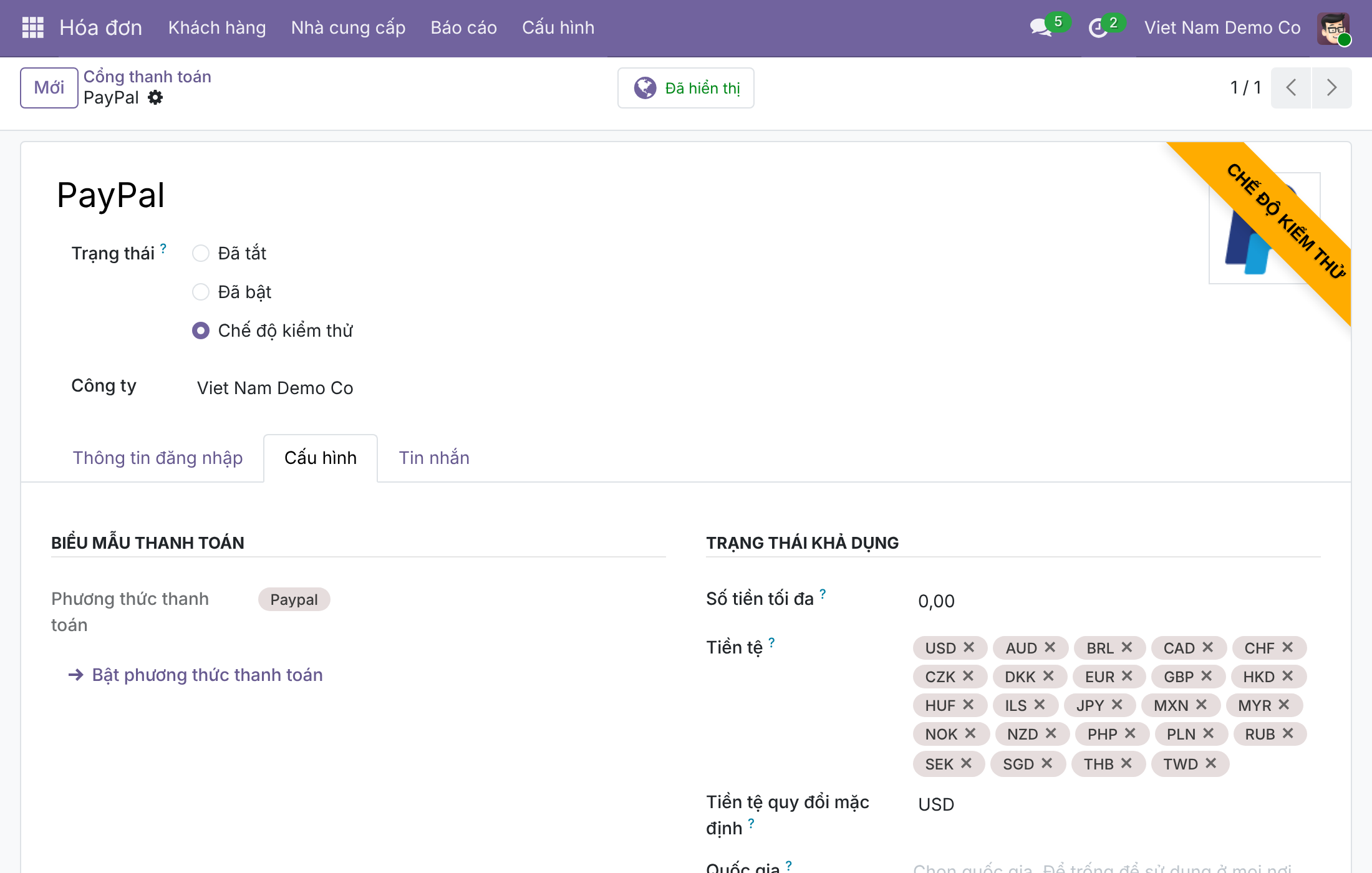 Nhà cung cấp PayPal với Tiền tệ Quy đổi Mặc định là USD