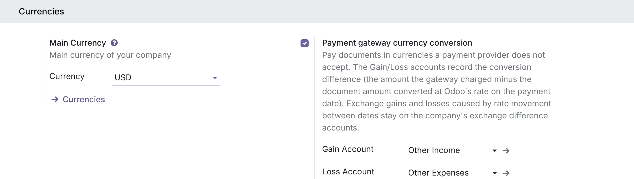 Settings, Payment gateway currency conversion block with Gain Account and Loss Account