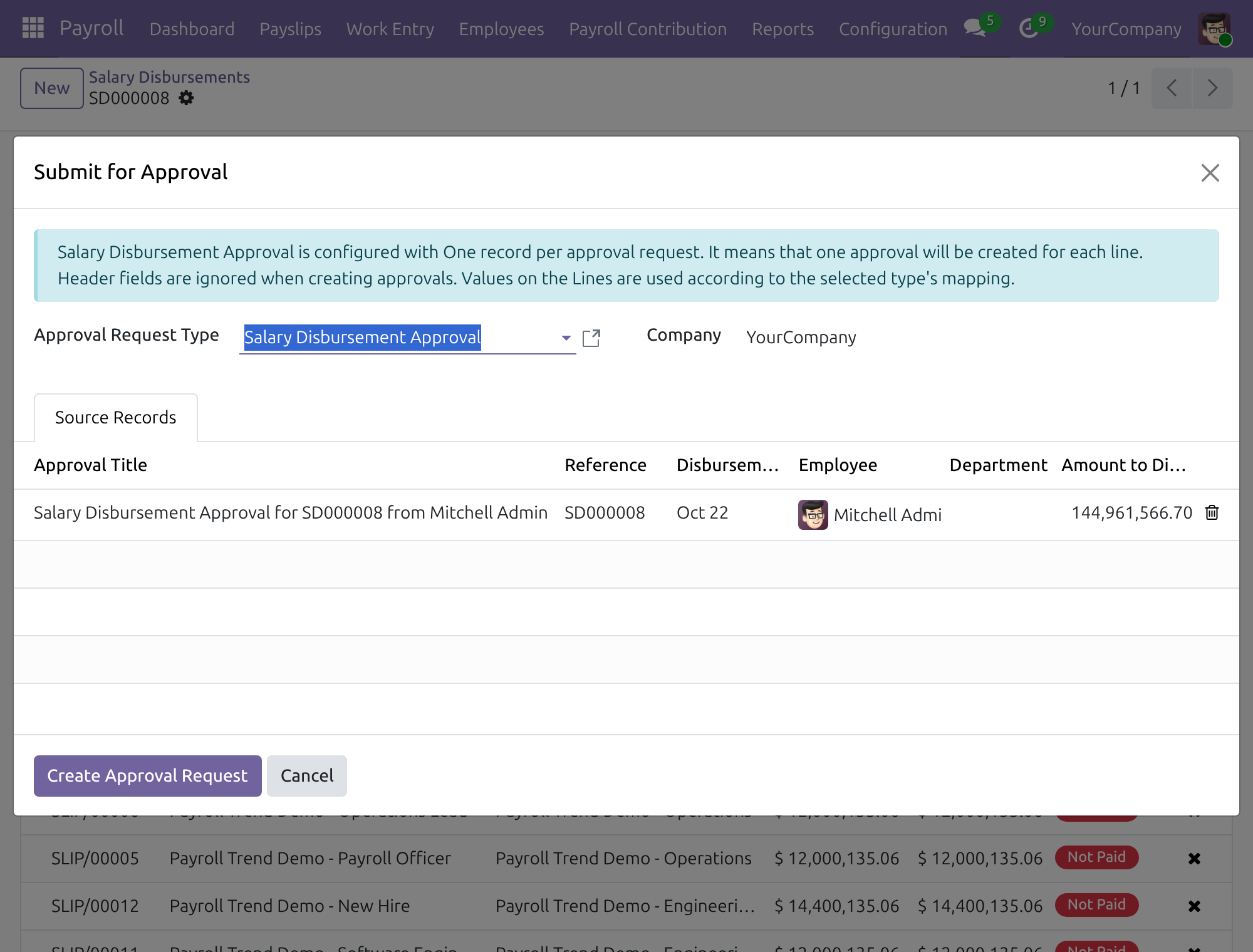 The Submit for Approval window opened from a salary disbursement