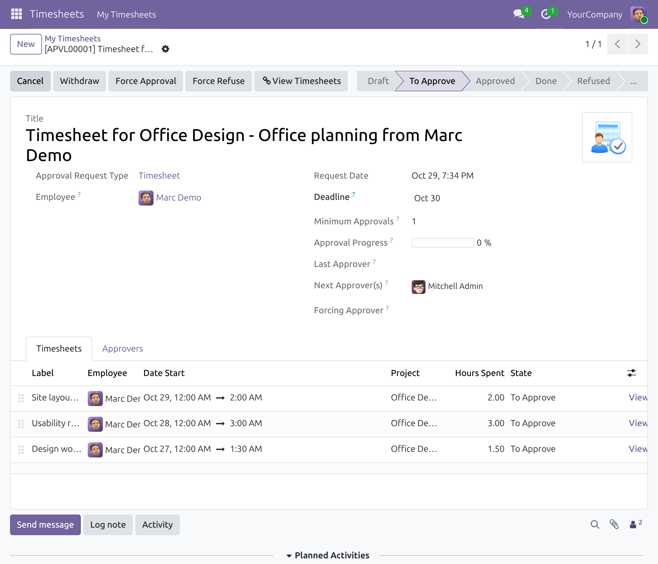 A submitted timesheet approval request