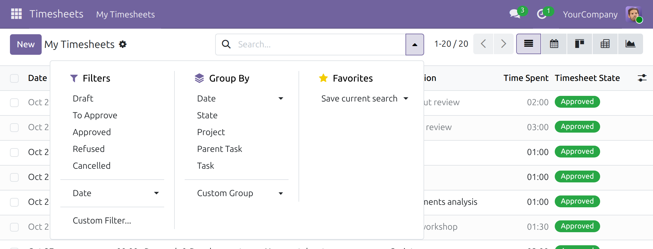 The state filters of the timesheet list