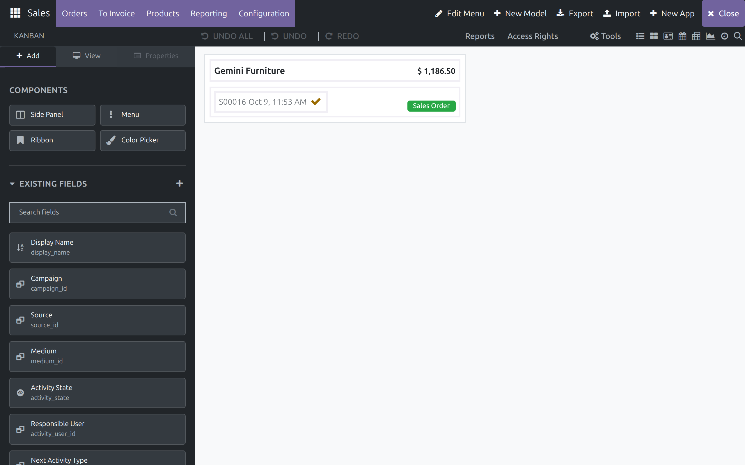 The kanban sample card on the canvas next to the Add tab's Components and Existing Fields sections