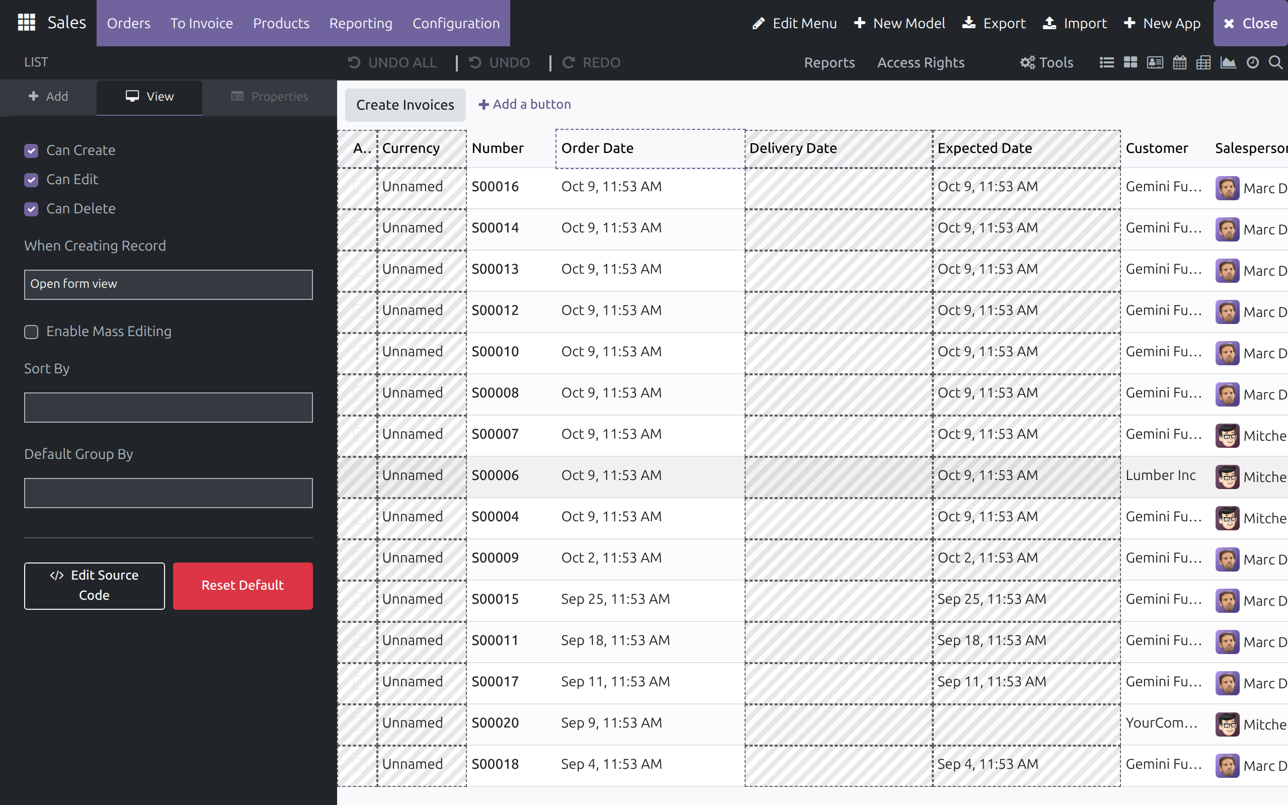 The List view's View tab with Can Create, Can Edit, Can Delete, When Creating Record, Enable Mass Editing, Sort By and Default Group By