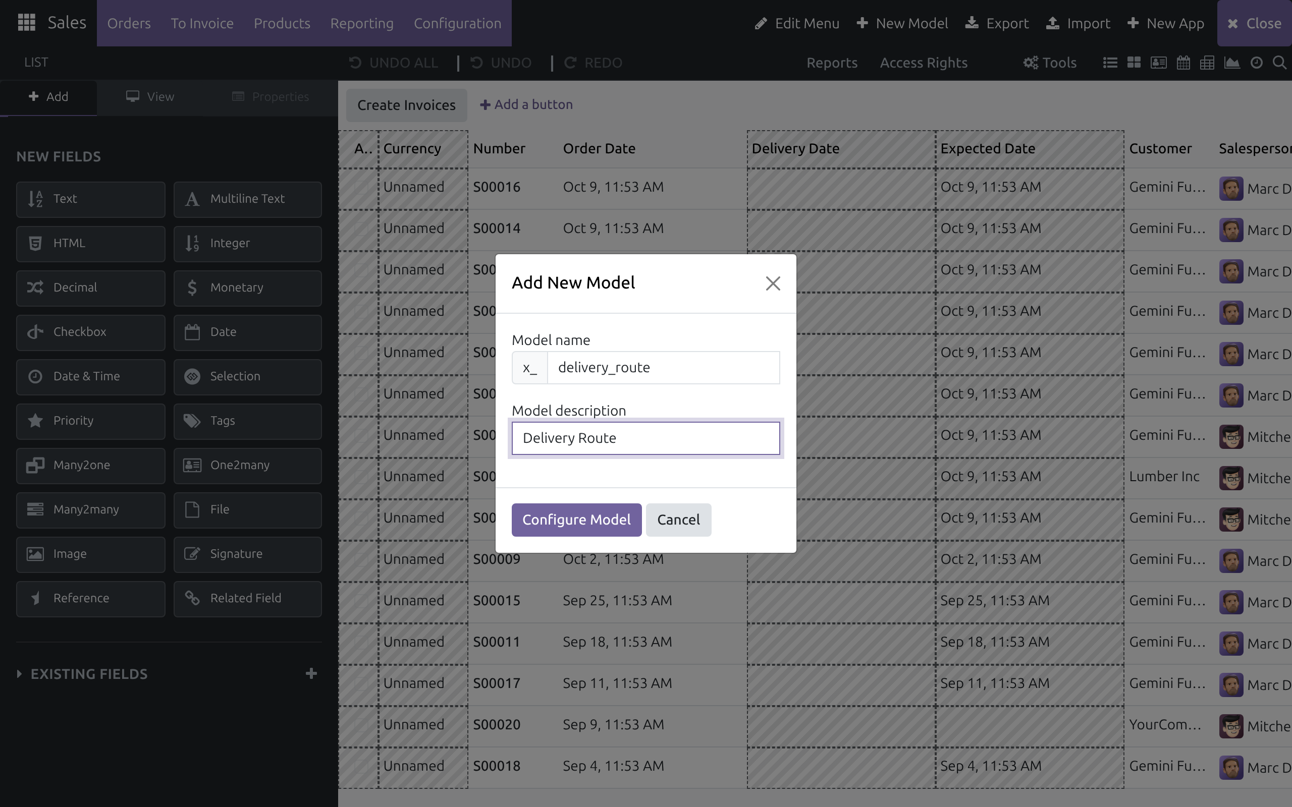 The Add New Model dialog with the fixed x_ prefix in front of the Model name box, delivery_route typed in it, the Model description box and the Configure Model button