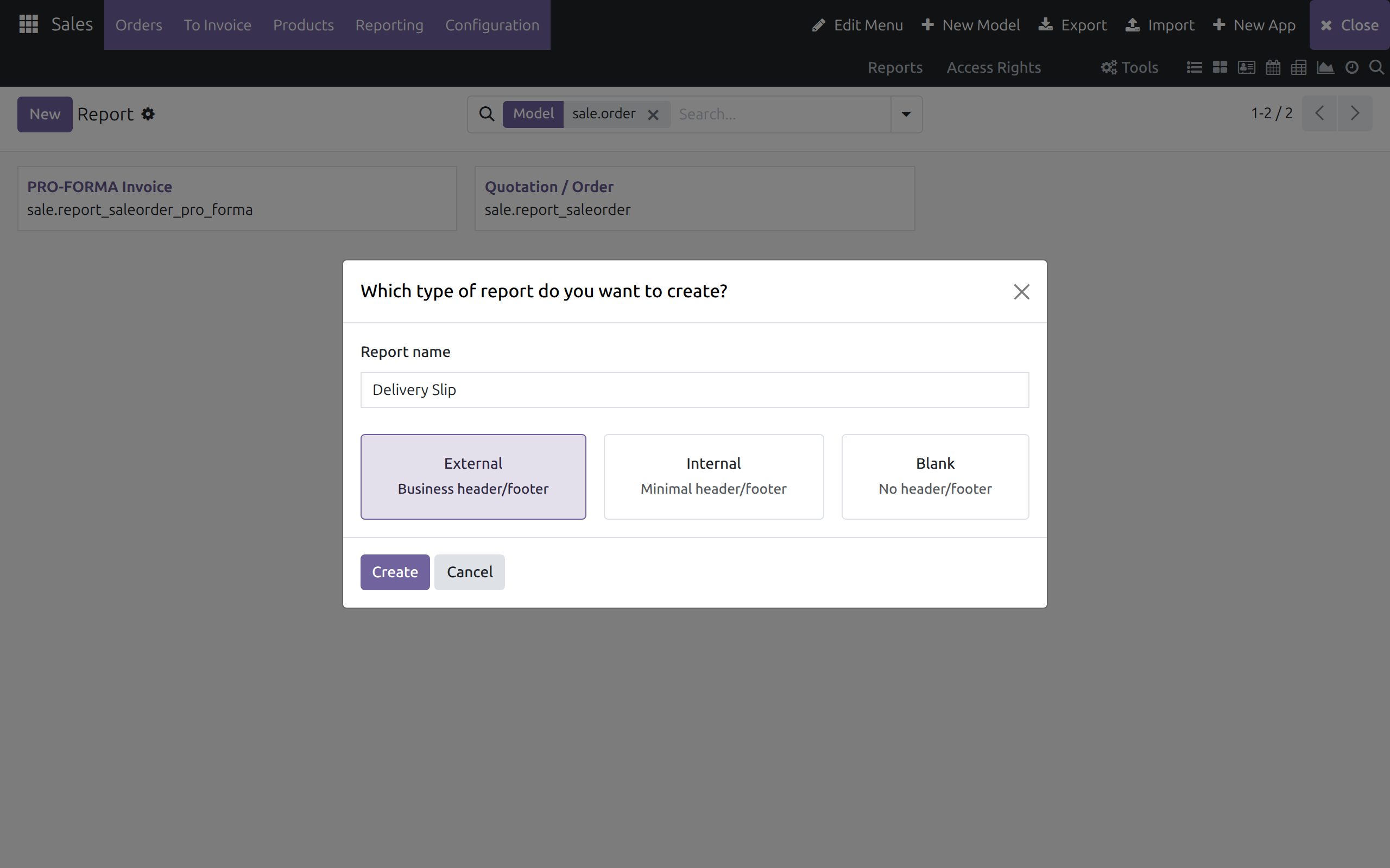 The report-creation dialog with a report name and the External, Internal and Blank layout cards, External selected