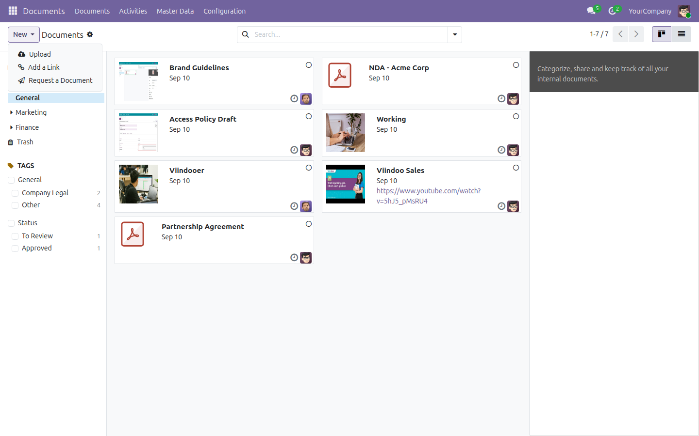 The New menu open above the Documents kanban, showing its three entries: Upload, Add a Link, and Request a Document.