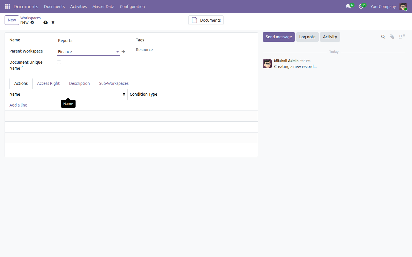 A new workspace form with Name filled in and Parent Workspace set to an existing workspace.