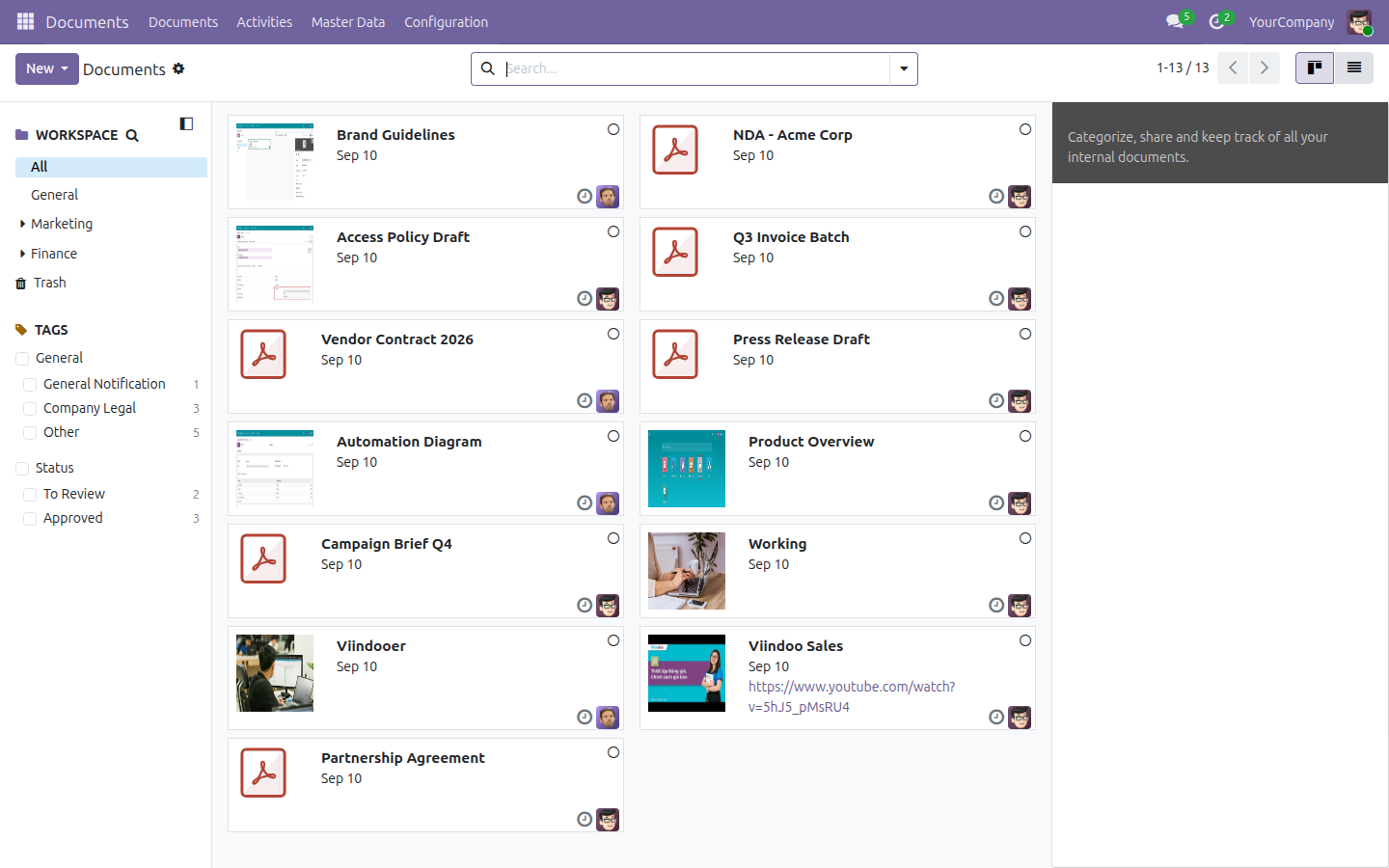 The Documents app kanban view with the Workspace folder tree open in the left search panel, showing Marketing and Finance workspaces and a grid of thirteen documents with varying owners.