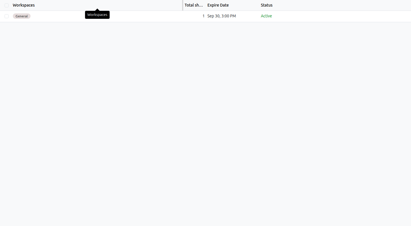 The Shared Links list under Documents, Configuration, Shared Links, showing a row with Status Active shown in green.
