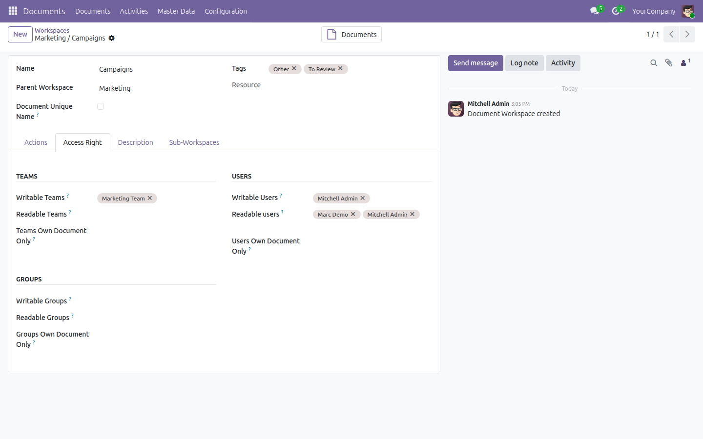 The Campaigns workspace, nested under Marketing, open on its Access Right tab, showing Marketing Team granted write access and two users granted read access.