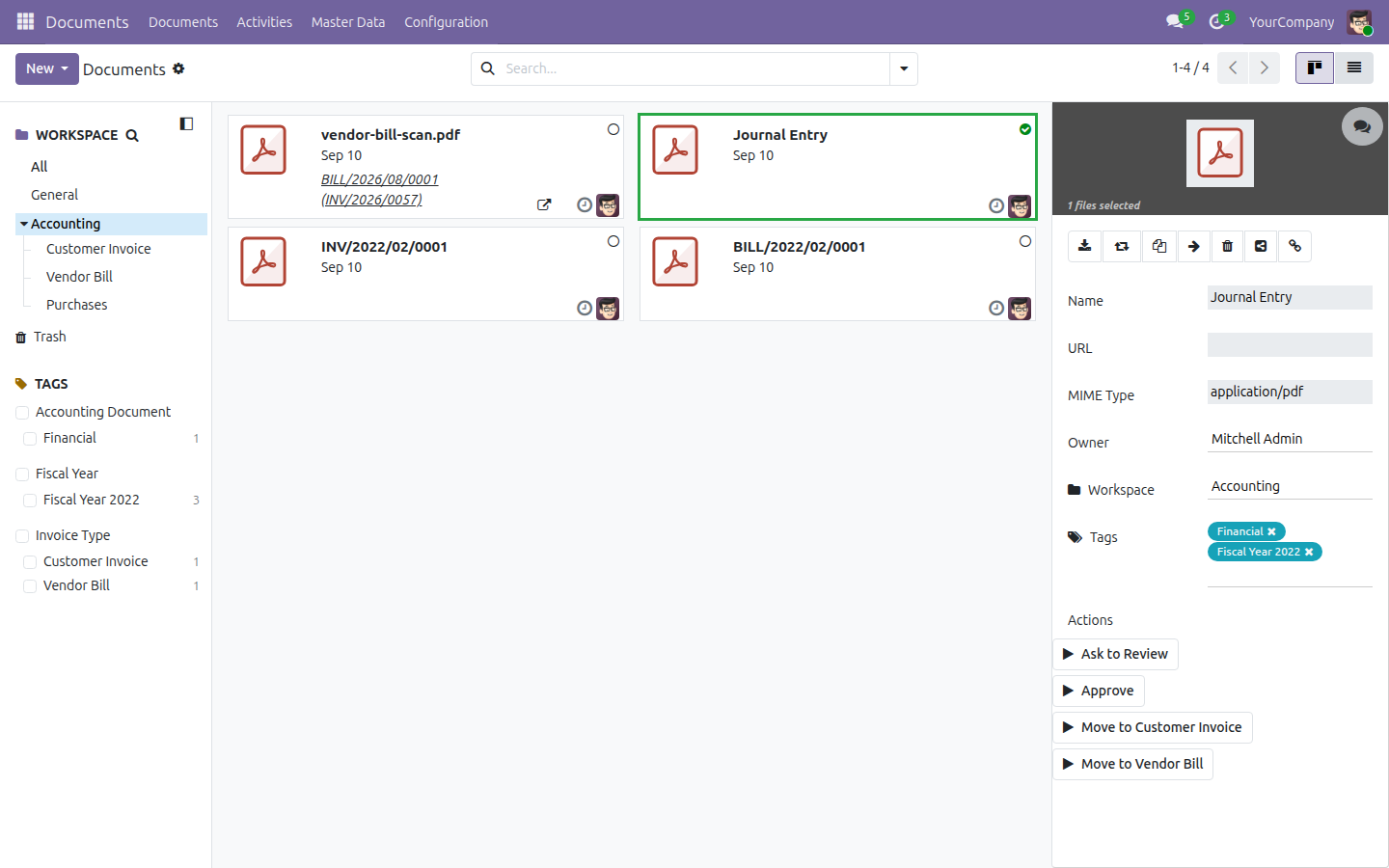 DỮ LIỆU DEMO - giao diện kanban ứng dụng Documents đã lọc về workspace Kế toán, với chứng từ demo Journal Entry đang được chọn và sidebar hiển thị nút action Chuyển thành Hóa đơn Khách hàng