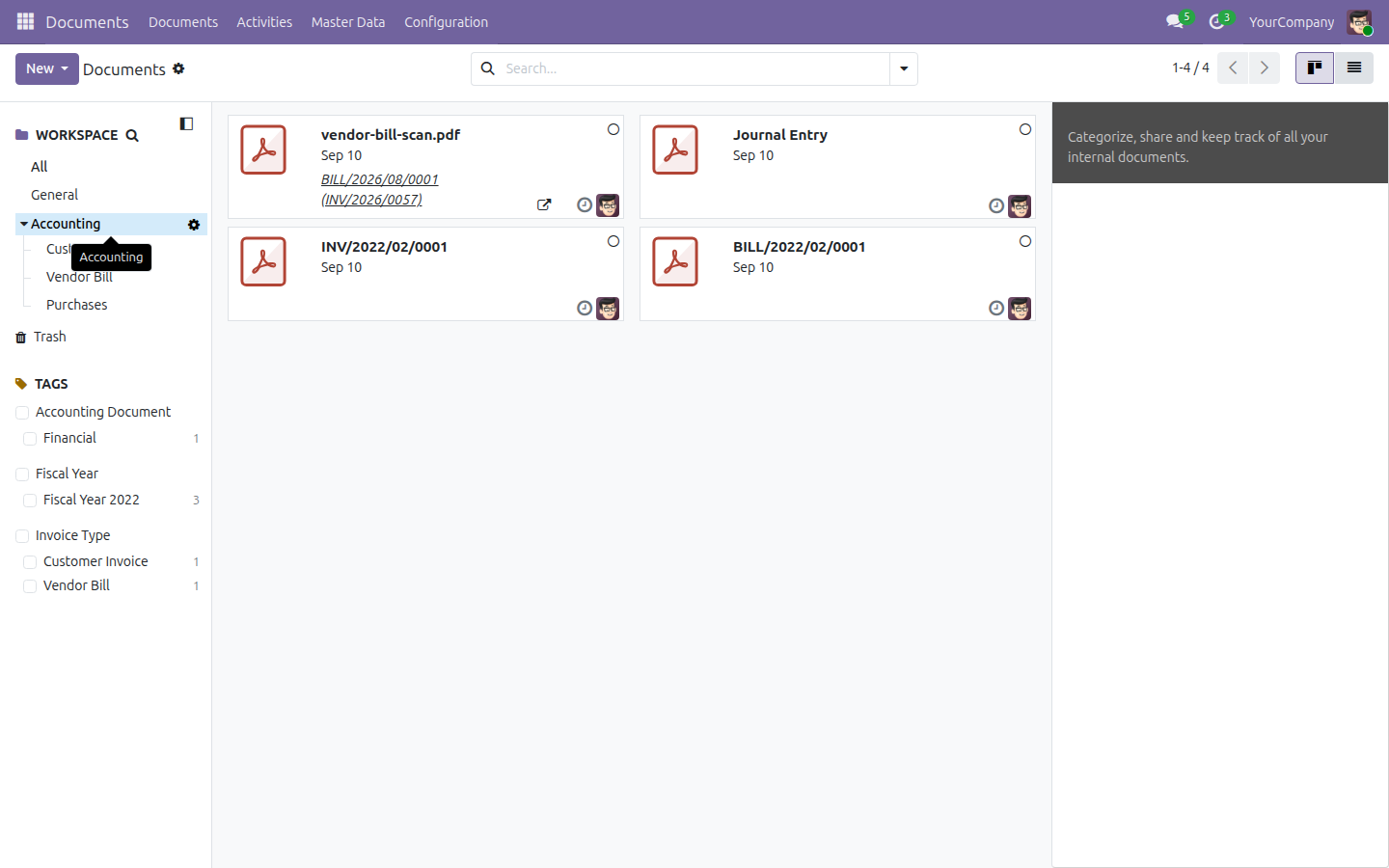 Giao diện kanban ứng dụng Documents đã lọc theo workspace Kế toán, hiển thị sub-workspace Mua hàng với một chứng từ hóa đơn nhà cung cấp đã được lưu