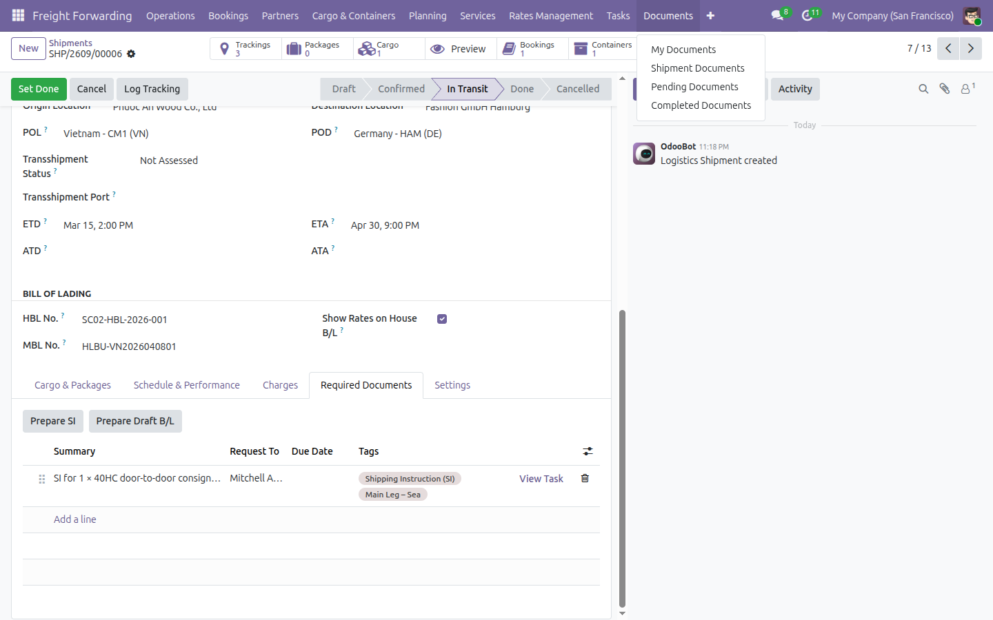 The Documents menu open from the Freight Forwarding top bar, showing My Documents, Shipment Documents, Pending Documents and Completed Documents.