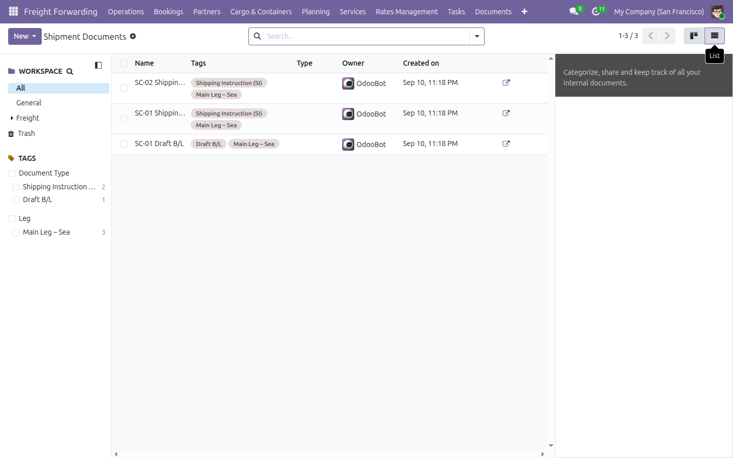 The Shipment Documents list showing three filed documents across two shipments, each tagged by document type and leg.