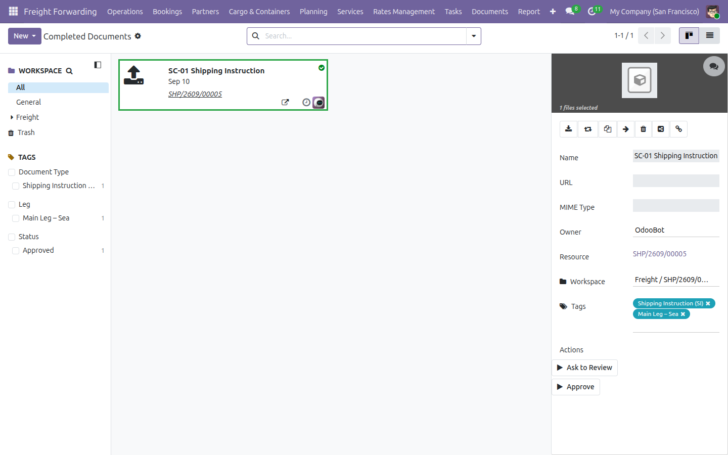 The Completed Documents kanban showing an approved Shipping Instruction, with its Tags and Approve / Ask to Review actions visible in the side panel.