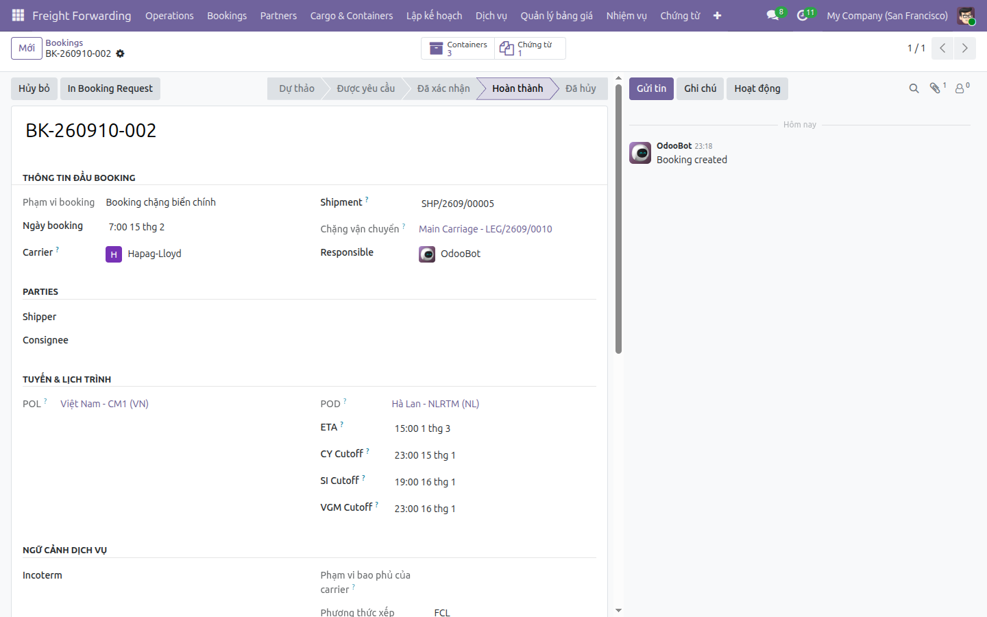 Header của form Booking hiển thị nút Chứng từ với số đếm một chứng từ đã gắn.