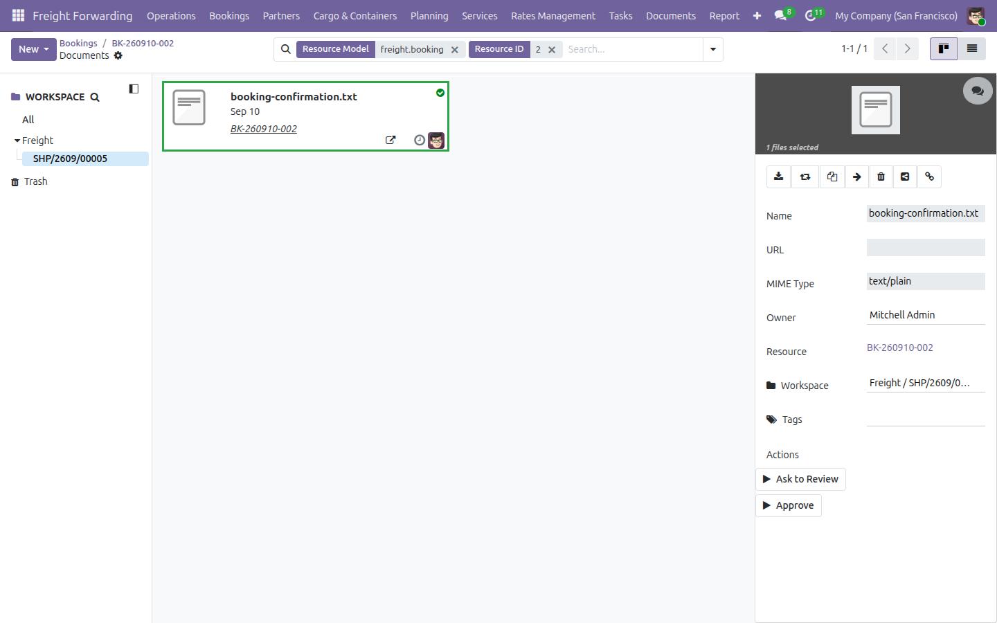 A Booking's Documents view filtered to Resource Model freight.booking, showing its one attached file filed under the Freight / shipment workspace, not a booking-specific folder.