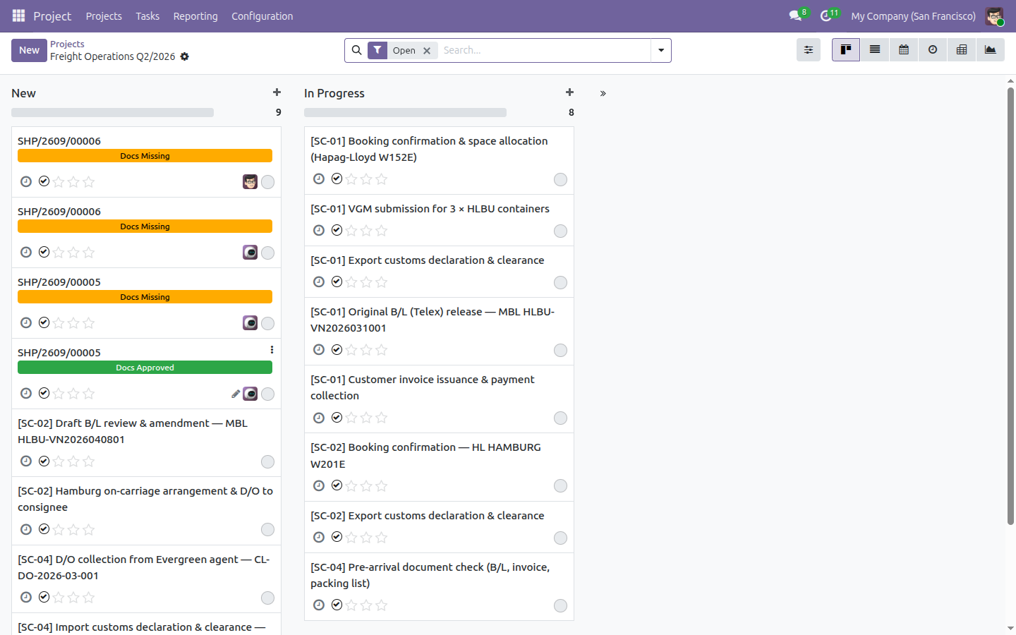 A Project task Kanban board with three cards badged Docs Missing in orange and one card badged Docs Approved in green.