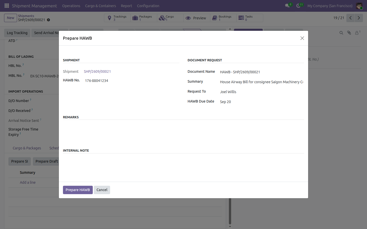 The Prepare HAWB wizard dialog opened from shipment SHP/2609/00021, with HAWB No., HAWB Due Date and Summary already filled in.