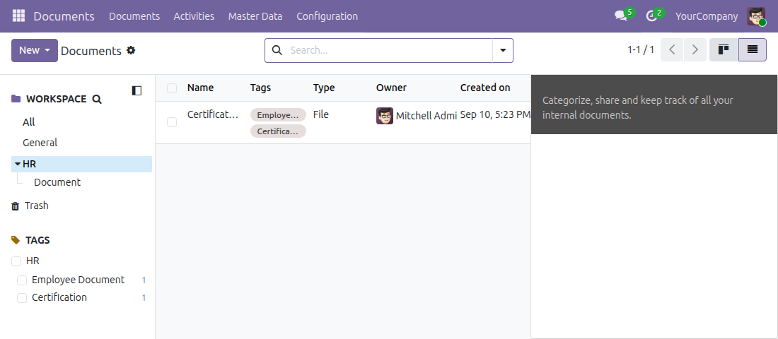 The Documents app search panel with HR expanded to HR / Document and the tag filter open, showing the Employee Document, Certification and HR tags on a freshly installed database.
