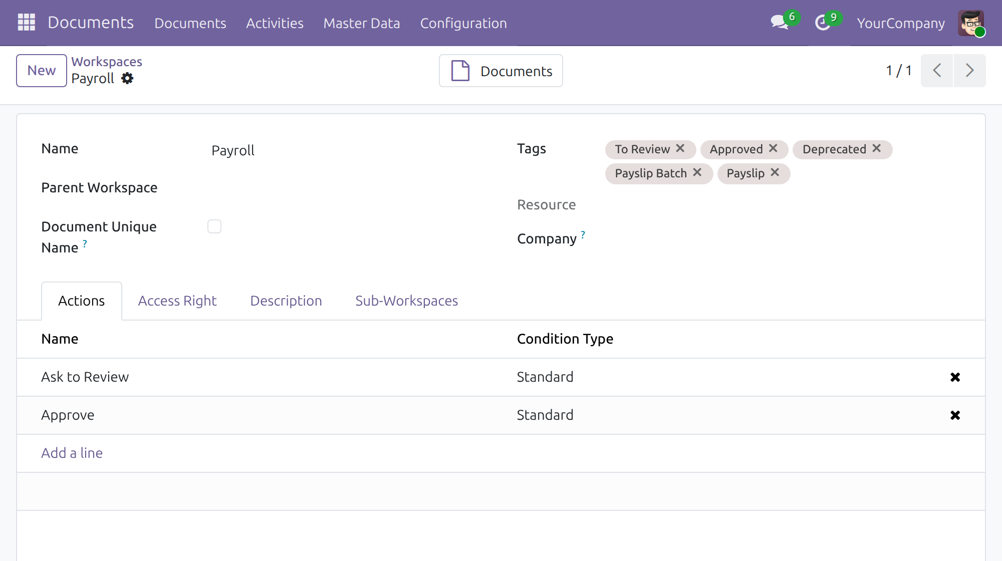 The Payroll workspace with its tags and actions