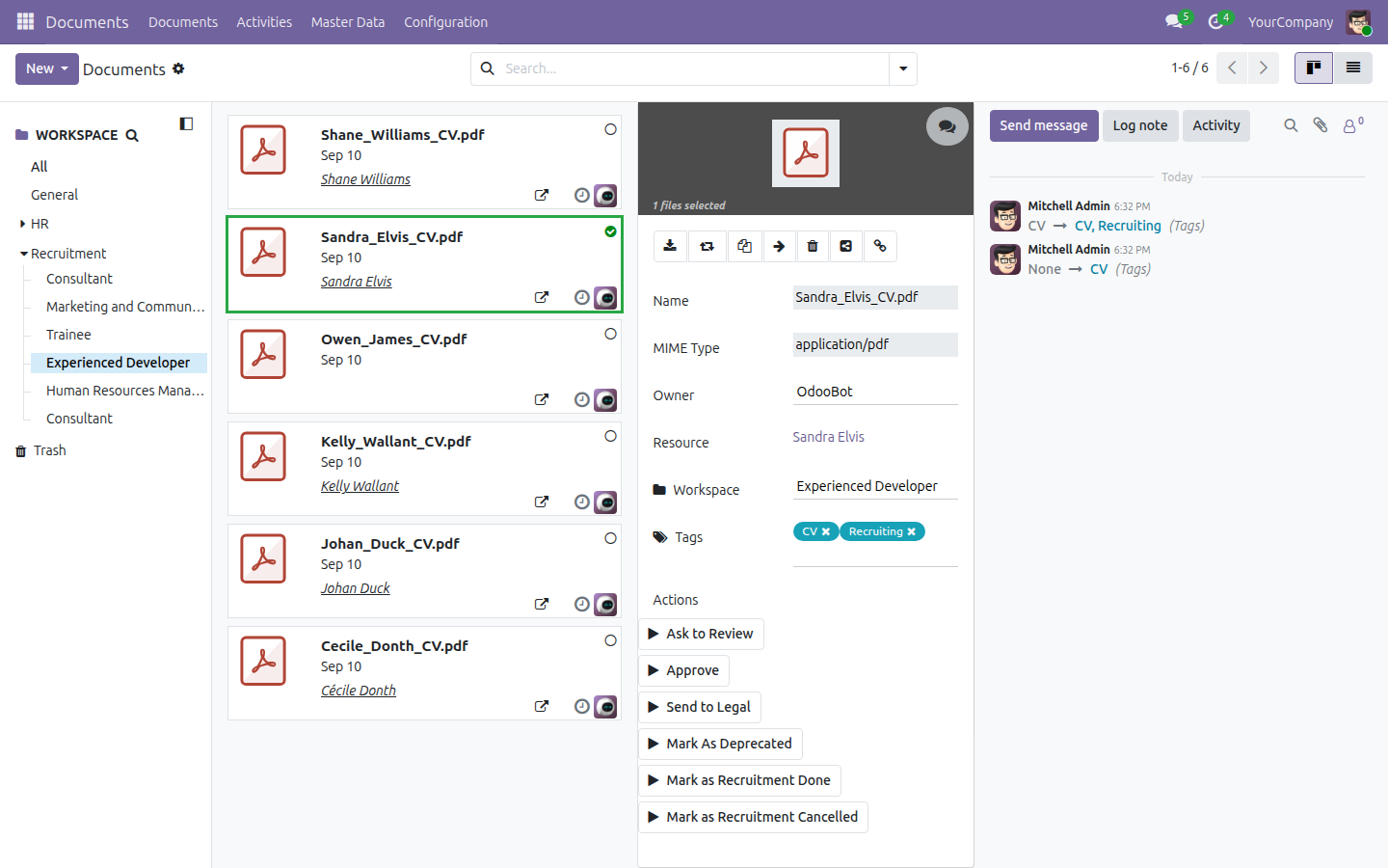 Ứng dụng Documents đã lọc theo thư mục con của vị trí tuyển dụng demo "Experienced Developer", hiển thị sáu CV thật đã lưu từ các ứng viên demo tiêu chuẩn của Recruitment - không phải dữ liệu ứng viên thật - trong đó hai tệp mang tag Sơ yếu lý lịch và Đang tuyển dụng được gắn riêng cho ảnh chụp này.