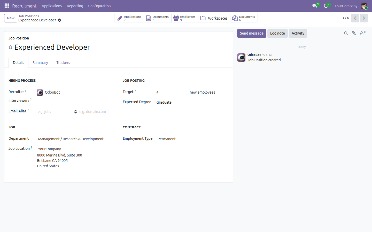 Hồ sơ vị trí tuyển dụng demo "Experienced Developer" với các nút thông minh Thư Mục và Tài Liệu (số lượng 6) hiển thị trong khung nút bấm, cạnh nút Ứng viên riêng của ứng dụng Recruitment.