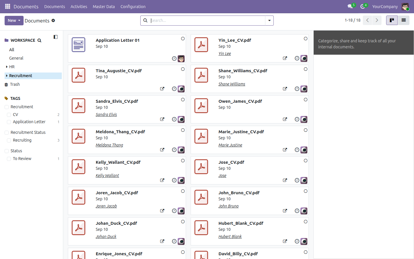 Thư mục Tuyển dụng trên ứng dụng Documents của một instance cụm module thực tế, hiển thị mười tám CV và đơn ứng tuyển thật đã được lưu tự động từ các tệp đính kèm trên ứng dụng Recruitment, với cây workspace Tuyển dụng mở rộng ở bên trái và số lượng tag Sơ yếu lý lịch, Đơn xin việc, Đang tuyển dụng hiển thị ở thanh bên.