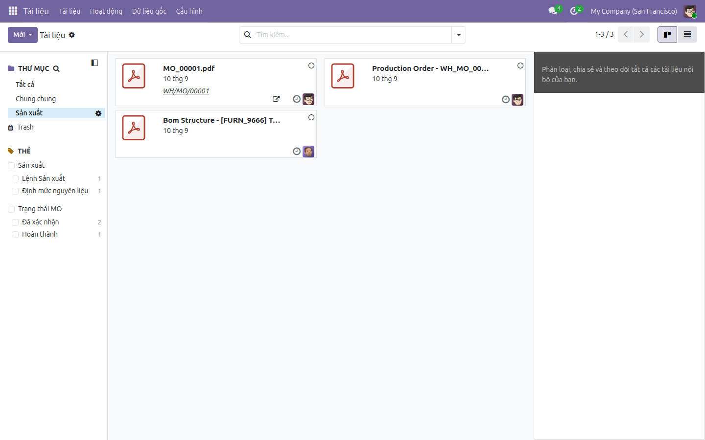 Kanban ứng dụng Documents lọc theo workspace Sản xuất, hiển thị các thẻ Lệnh Sản xuất và Định mức nguyên liệu vừa được gắn