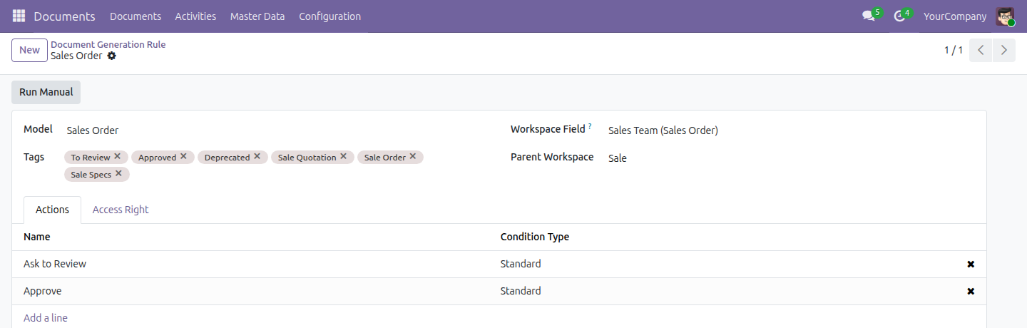 Document Generation Rule form for Sales Order, showing Workspace Field set to Sales Team, Parent Workspace set to Sale, and the Actions tab listing Ask to Review and Approve
