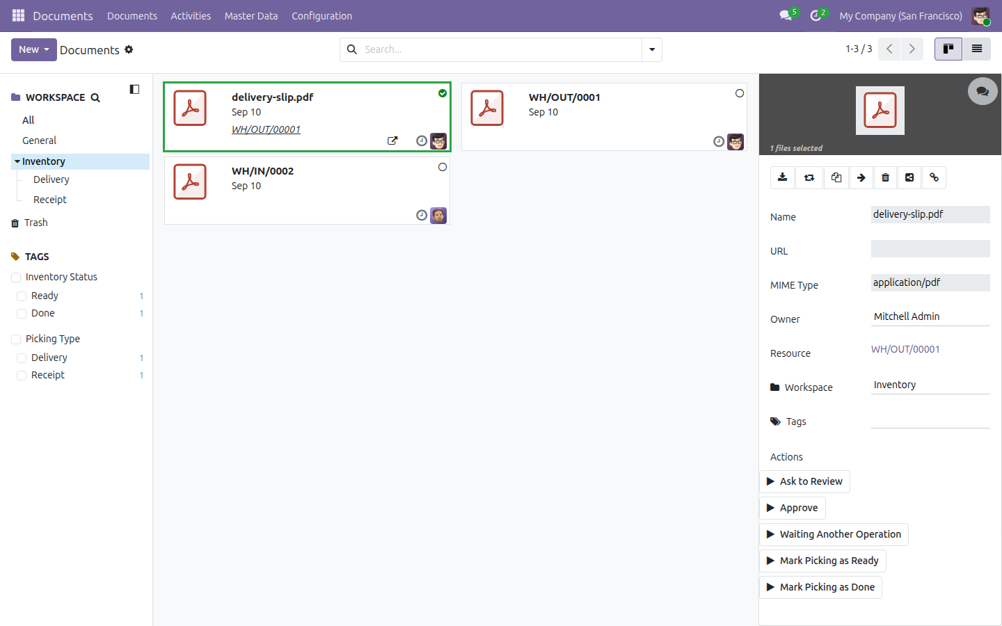 A filed document's detail panel showing Tags and all three status Actions