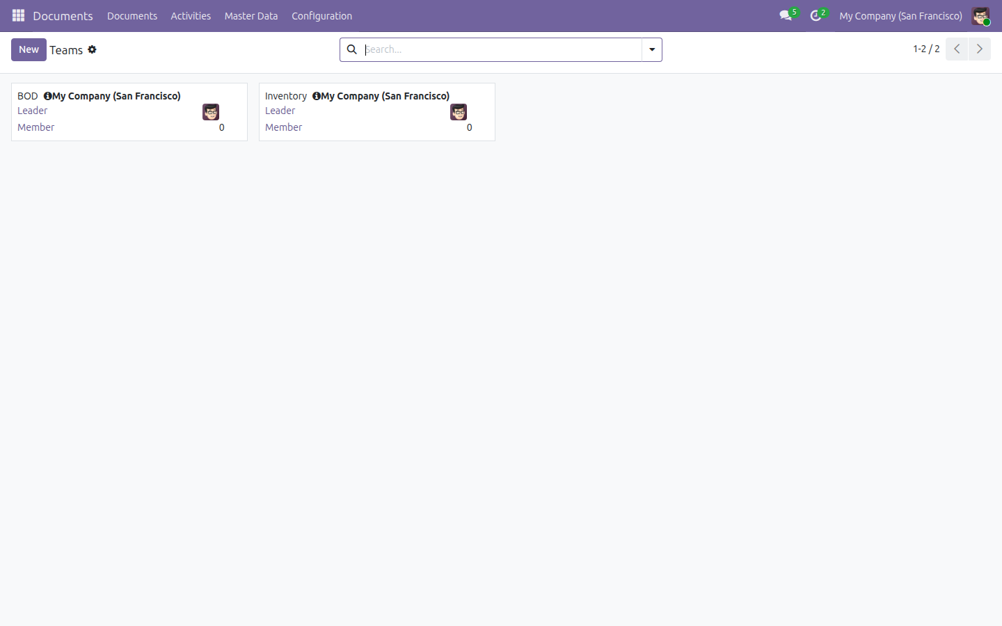 The Teams list in Documents > Master Data, with the auto-created Inventory team