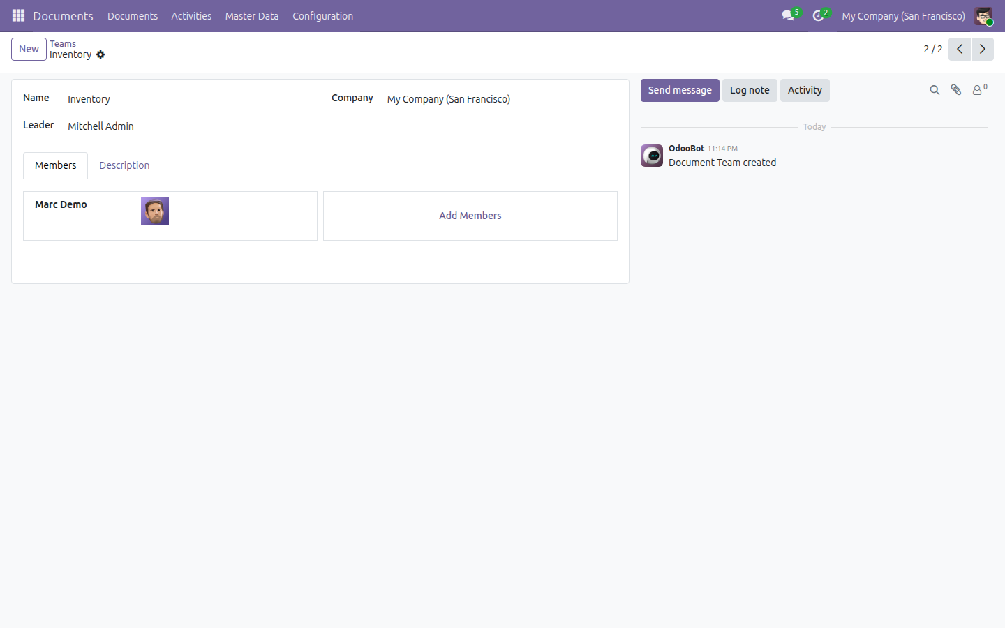 The Inventory team record open on its Members tab