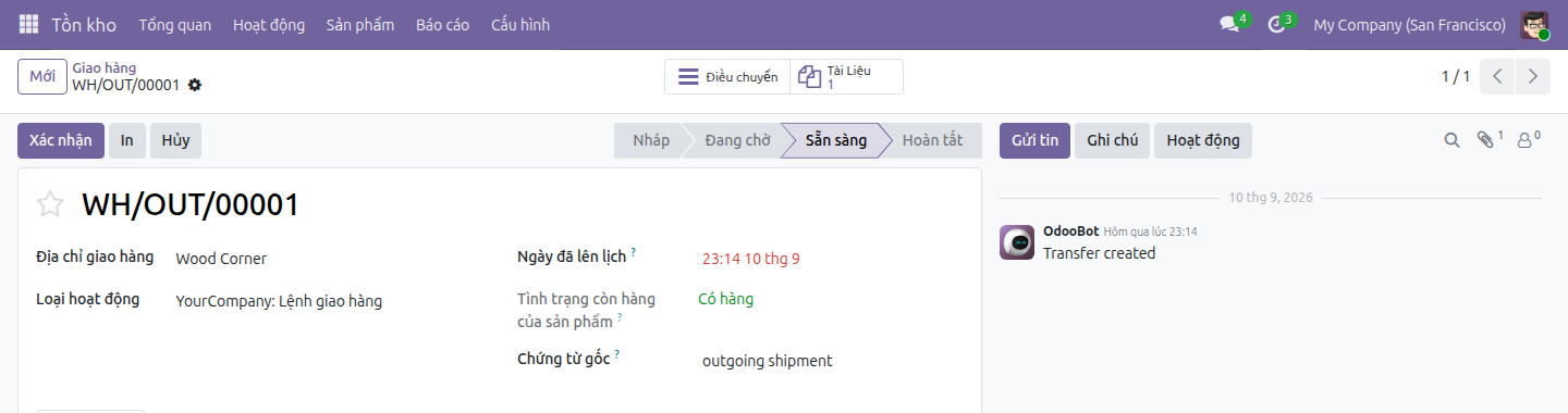 Form phiếu giao hàng với nút Tài Liệu hiển thị số lượng 1